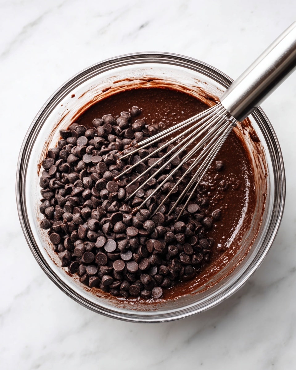 A clear glass bowl filled with thick, dark brown chocolate batter as the base layer. On top of this batter, there is a generous pile of small, dark brown chocolate chips scattered all over. A metal whisk with thin wires is partly immersed in the batter on the right side of the bowl, showing some batter stuck on the whisk wires. The bowl sits on a white marbled surface that is smooth and clean, giving a bright contrast to the dark chocolate mixture. photo taken with an iphone --ar 4:5 --v 7
