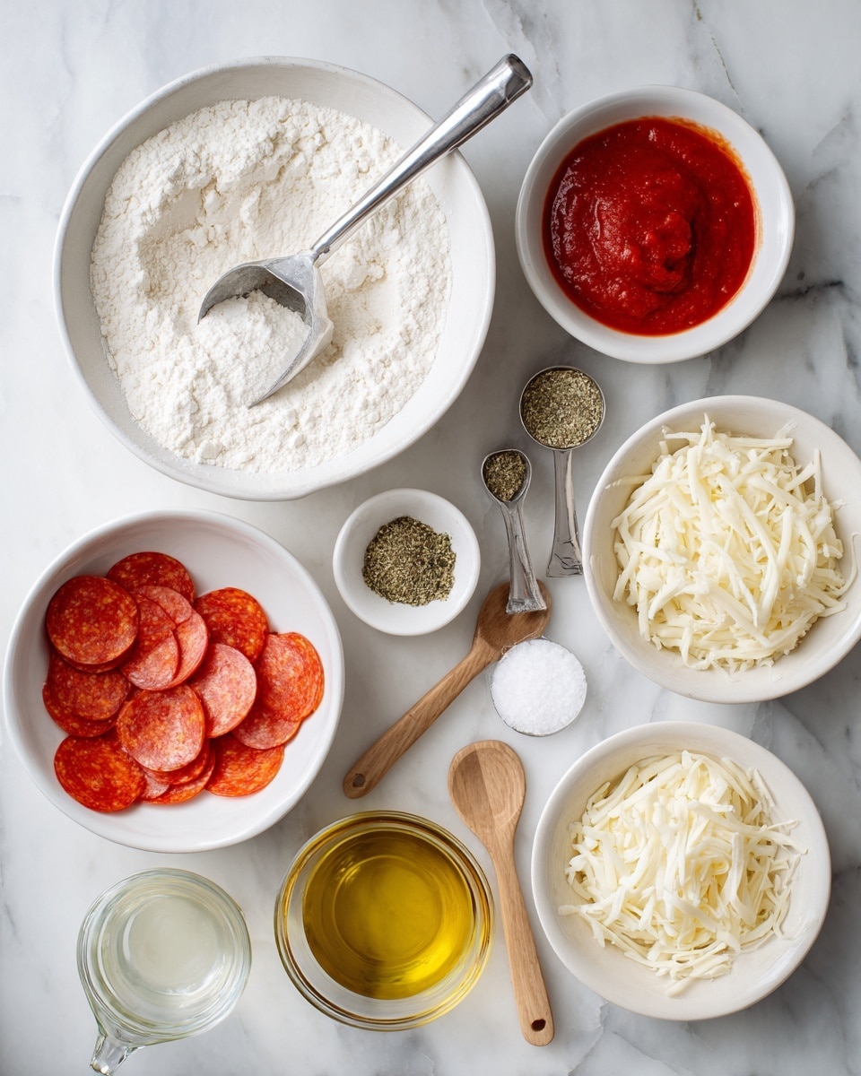 The image shows several white bowls and measuring spoons arranged on a white marbled surface, each containing a different ingredient. At the top left, a white bowl filled with white flour has a metal scoop resting inside it. Below it, two metal measuring spoons hold small amounts of baking powder and baking soda, while a small wooden spoon holds salt. Next to these, a small white bowl contains green Italian seasoning. On the right side, a white bowl holds bright red pizza sauce, and above it, a white measuring cup contains clear water. At the bottom center, a clear glass bowl shows golden olive oil. To the left, a white bowl is filled with round slices of red pepperoni, and next to it on the right, another white bowl holds shredded mozzarella cheese. Each item has a bold label indicating the ingredient name and amount. The entire scene is set on a clean white marbled surface. photo taken with an iphone --ar 4:5 --v 7