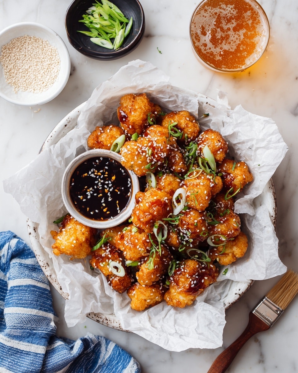 A white round tray lined with crumpled white parchment paper holds many small, golden-brown fried cauliflower pieces coated in a sticky sauce and sprinkled with white sesame seeds and sliced green onions scattered on top. At the bottom center of the tray sits a small white bowl filled with dark dipping sauce with sesame seeds. To the top left of the tray, a white bowl contains more white sesame seeds, and next to it on the left, a small black bowl holds sliced green onions. A glass with amber-colored drink full of bubbles is placed to the top right of the tray. A wooden brush with sauce on the bristles rests on a white marbled surface near the bottom right corner. A blue and white striped cloth is visible at the bottom left corner. Photo taken with an iphone --ar 4:5 --v 7