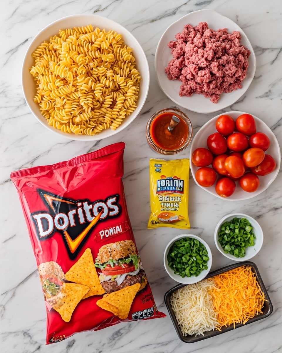 A flat lay image shows ingredients for a meal arranged neatly on a white marbled surface. In the center, there is a large red bag of Nacho cheese Doritos with bright orange and yellow colors in the design. Above it to the left is a white bowl filled with golden yellow rotini pasta. To the right of the Doritos is a white plate with bright red cherry tomatoes, some whole and some cut in half. Next to the tomatoes is a yellow packet of taco seasoning. Above this is a black tray holding raw ground beef with a pinkish-red color and a soft texture. On the left side near the top is a glass jar of red Catalina dressing. Below that jar are two small white bowls; one contains chopped green onions with deep green and light green parts, and the other holds chopped cilantro with darker green leaves. At the bottom left corner are two small white bowls filled with shredded cheeses; one bowl has white Monterey Jack cheese, and the other has orange cheddar cheese. The arrangement is clean and colorful, showing fresh and dry ingredients side by side. photo taken with an iphone --ar 4:5 --v 7