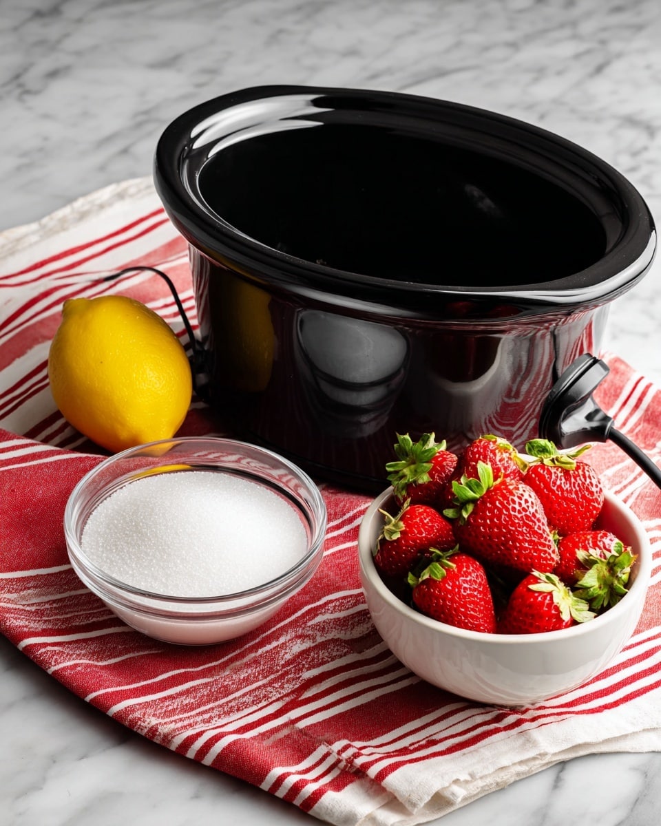 A black crockpot sits in the middle of the image on a white marbled surface with a red and white striped cloth underneath. To the left, a bright yellow lemon is partially visible. In front of the crockpot, a clear glass bowl filled with white granulated sugar sits on the cloth. To the right, a white bowl full of bright red strawberries with green leaves is placed next to the crockpot. The black electric cord of the crockpot is visible in the background. Photo taken with an iphone --ar 4:5 --v 7