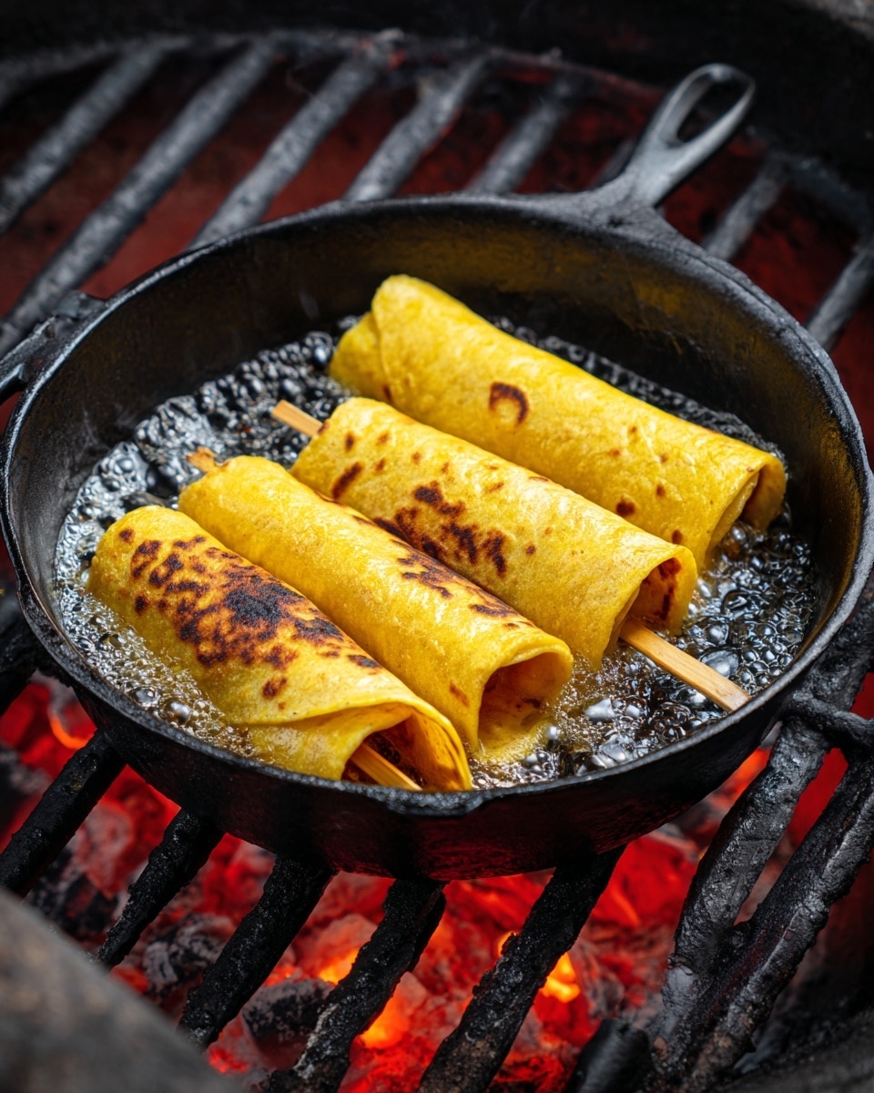 A black cast iron pan sits on a grill with glowing red charcoal beneath, filled with bubbling oil frying four golden yellow folded tortillas. The two tortillas in front are folded in half and secured with toothpicks, showing slight browned crisp spots and some blackened edges. The two tortillas in the back are rolled cylinders with a smooth yellow surface, frying evenly in the hot oil. The overall scene shows the texture of the bubbling oil and the heat from the grill under the pan. photo taken with an iphone --ar 4:5 --v 7