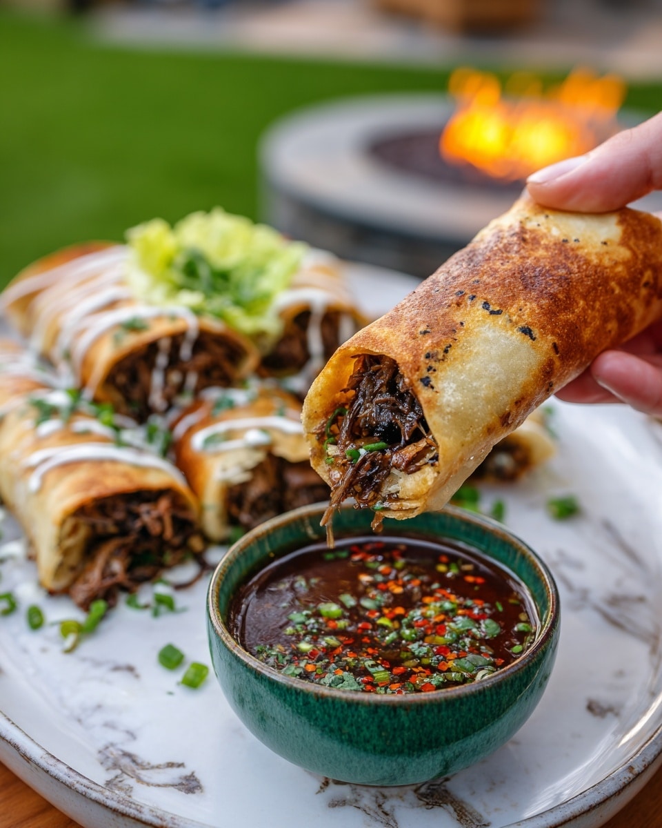 A stack of five rolled tacos filled with dark shredded meat is arranged in a pyramid shape on a white plate. Each taco shell is golden brown and slightly crispy, with a white sauce drizzled evenly across the top in thin lines. A woman's hand is holding a spoon above the tacos, adding a scoop of chunky green guacamole that includes bits of red tomato and herbs. The plate sits on a white marbled surface with some of the white sauce spread decoratively next to the tacos. In the background, an outdoor setting is slightly blurred. photo taken with an iphone --ar 4:5 --v 7