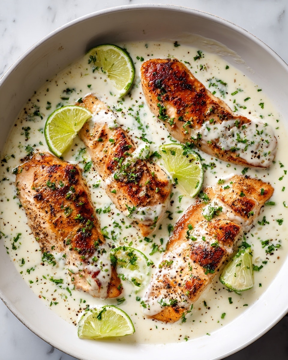 The image shows four golden-brown grilled chicken pieces arranged in a white pan filled with creamy white sauce. The chicken is sprinkled with finely chopped green herbs and black pepper, adding texture and green color to the dish. Lime wedges are placed between the chicken pieces, offering a fresh green and yellow contrast. The sauce looks smooth and rich, slightly covering the edges of the chicken. Everything is set on a white marbled surface. Photo taken with an iphone --ar 4:5 --v 7