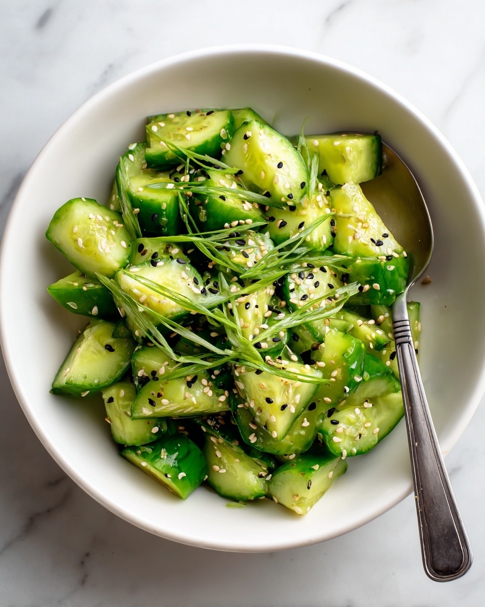 A white bowl holds a fresh cucumber salad made of roughly sliced green cucumber pieces, tossed with a light sauce that gives them a glossy look. The salad is topped with small black and white sesame seeds scattered on the cucumber pieces, and thin rounds of green onion add a fresh pop of color on top. A silver spoon rests inside the bowl against the salad. The bowl is set on a white marbled surface. Photo taken with an iphone --ar 4:5 --v 7