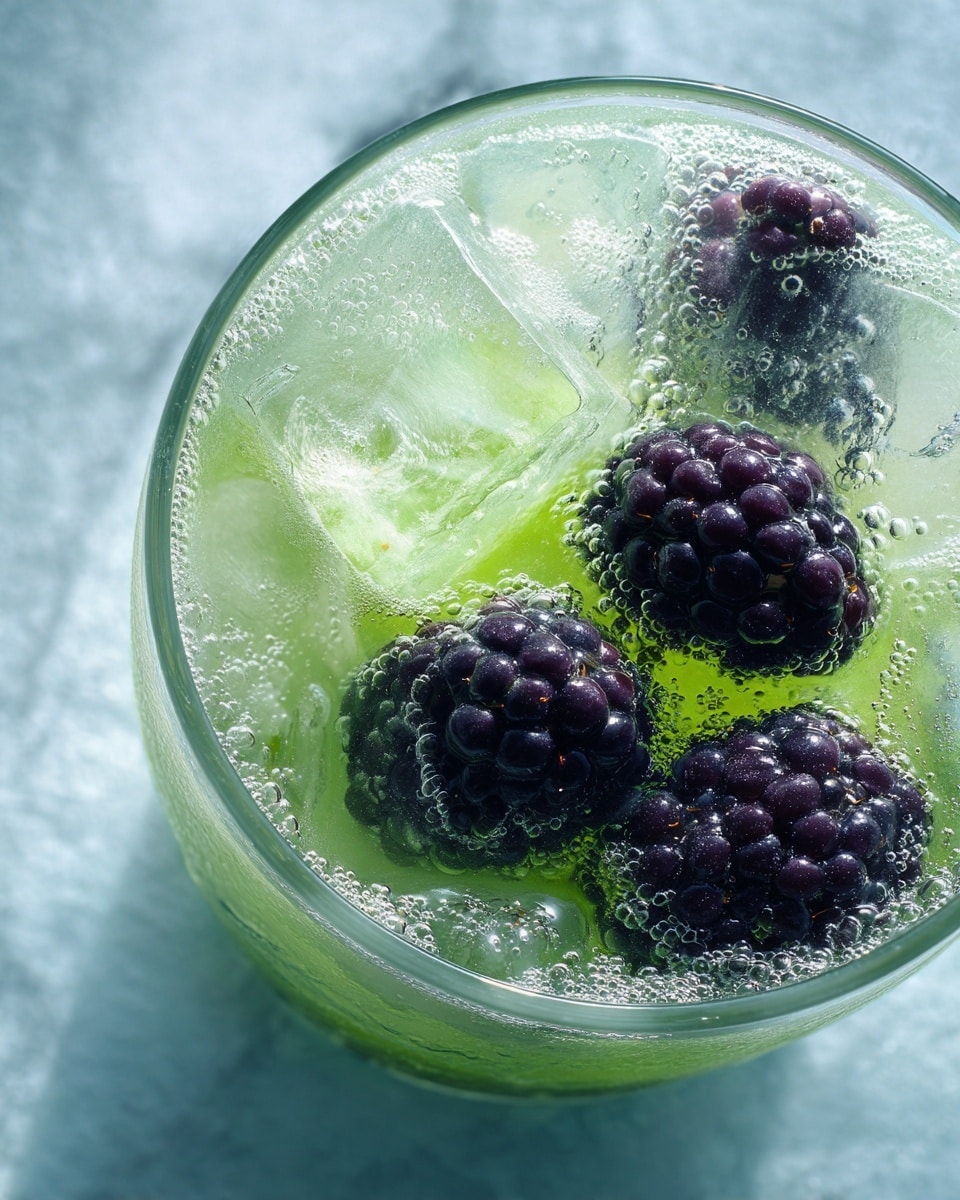A close-up view of a clear glass filled with a light green frothy drink, with several green ice cubes floating in it, and three large, dark purple blackberries resting on the surface. The drink looks refreshingly cold, with small bubbles around the blackberries and ice. The background has a white marbled texture. photo taken with an iphone --ar 4:5 --v 7