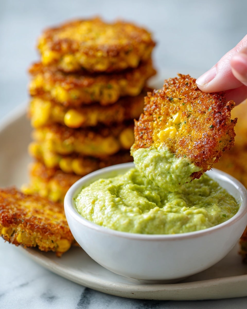 A close-up view shows a woman's hand dipping a crispy corn fritter into a bowl of thick, creamy green avocado dip. The fritter is golden brown with visible yellow corn kernels and a slightly rough, crunchy texture. The white bowl holding the avocado dip is filled nearly to the top with the smooth, slightly chunky green dip. In the blurred background, a tall stack of similar corn fritters is visible, all golden brown and textured, placed on a white marbled surface. photo taken with an iphone --ar 4:5 --v 7