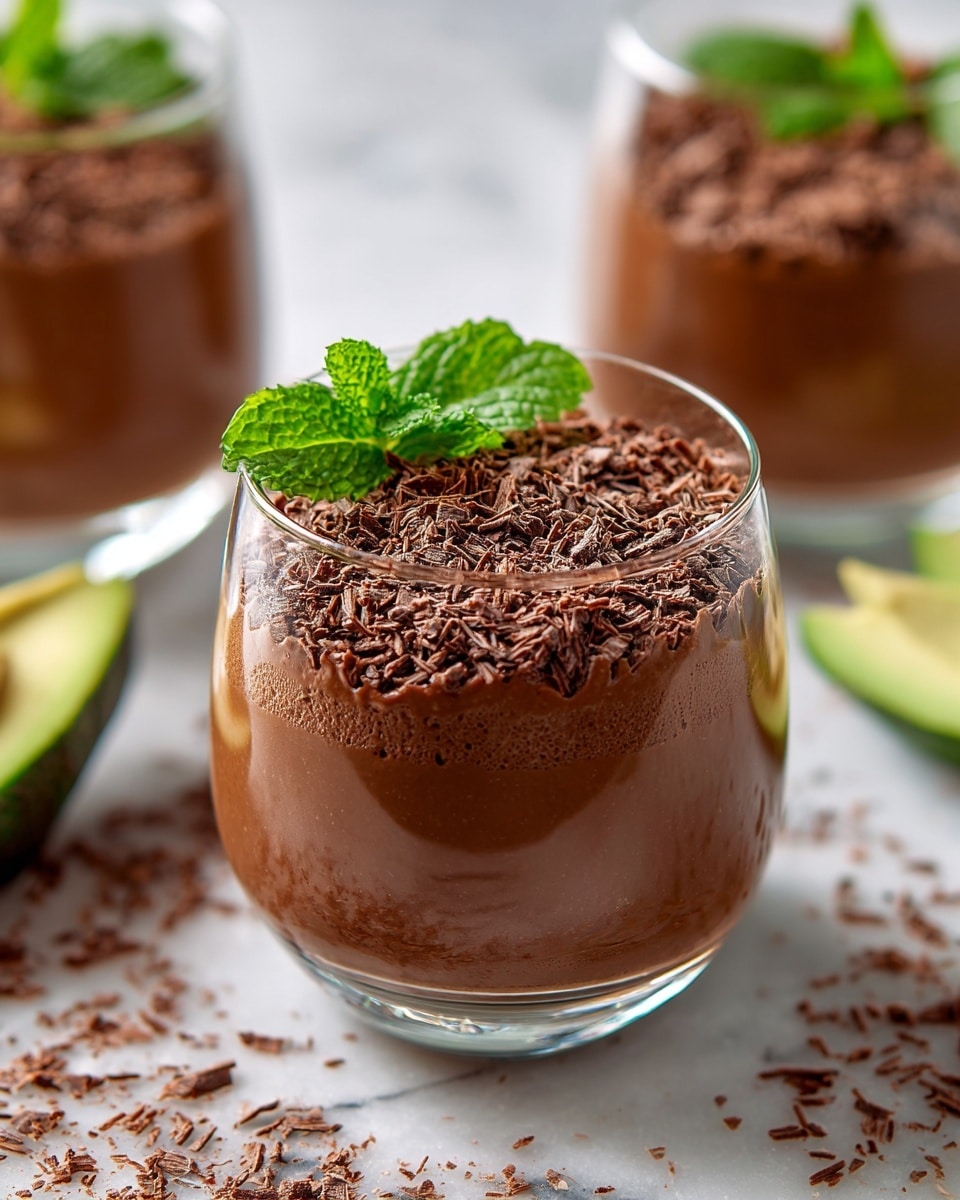 This image shows a clear glass filled with three visible layers of thick, creamy chocolate mousse that has a smooth, rich texture. The top layer is decorated with finely grated chocolate shavings sprinkled all over, giving it a slightly rough look. A small bunch of bright green mint leaves sits on top, adding contrast with fresh color. The glass is placed on a white marbled surface scattered with more grated chocolate, and in the background, two similar glasses filled with the same chocolate mousse are slightly out of focus. There are also slices of light green avocado on the white marbled surface near the glass. photo taken with an iphone --ar 4:5 --v 7