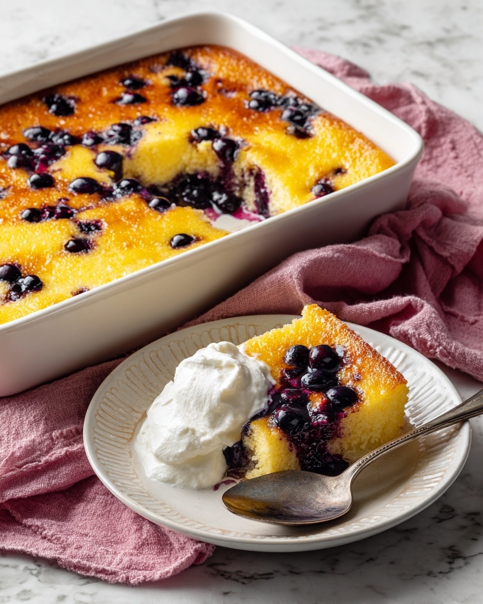 The image shows a white baking dish filled with a golden yellow baked pudding with bubbly, slightly crispy tops, dotted with dark purple blueberries melted into the surface. The pudding is cut with one missing piece showing a soft, moist inner texture with more blueberries baked inside. On a white plate nearby, a portion of the pudding is topped with a dollop of smooth, white whipped cream, and there is a silver spoon resting on the plate. The background features a pink cloth over a white marbled surface. Photo taken with an iphone --ar 4:5 --v 7