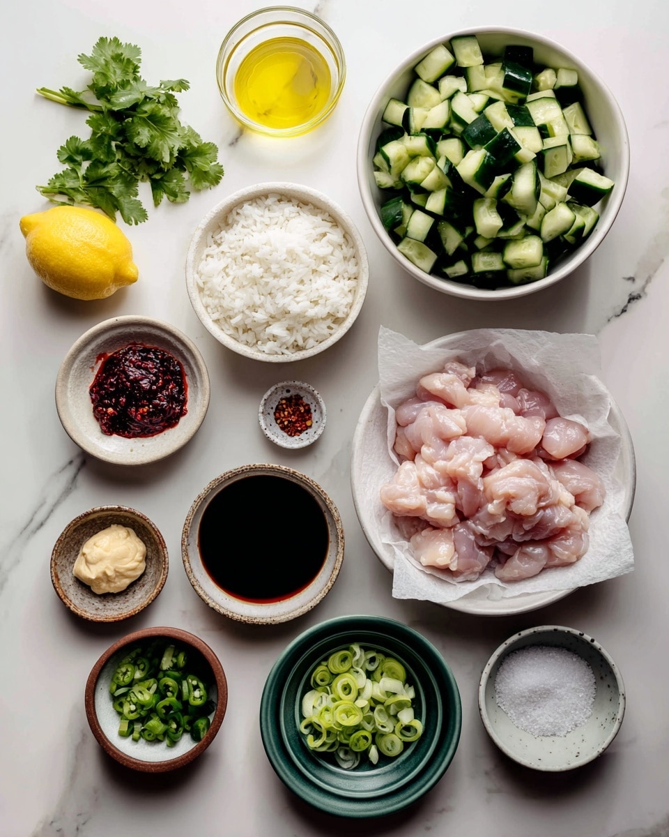 The image shows a top-down view of several white bowls and plates arranged neatly on a white marbled surface. In the center-left, there is a white bowl filled with cooked white rice. Above it to the right, a medium white bowl contains dark green cucumber pieces cut into chunks. To the right of the cucumbers, a white bowl holds raw pink chicken pieces laid on crumpled white parchment paper. Around these main bowls, there are several small white bowls and dishes with different ingredients: deep red chili paste in a speckled bowl, dark brown liquid in a white bowl, light brown sugar in a green bowl, pale yellow garlic paste in a small bowl with a brown rim, white creamy yogurt in a clear measuring cup, green sliced scallions in a white bowl, salt in a small clear bowl, light yellow lemon juice in a small clear glass, and red chili flakes in a small brown dish. Fresh green cilantro leaves are placed on the far left. The overall layout is clean and vibrant with a variety of textures and colors against the white marbled background. photo taken with an iphone --ar 4:5 --v 7