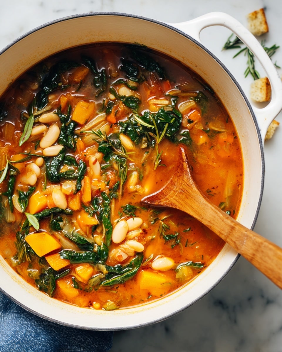 A close-up view of a white pot filled with a rich, chunky soup showing about three main layers: a reddish-orange broth base mixed with soft yellow and orange vegetable pieces, dark green leafy spinach scattered throughout, and small white beans adding texture. A wooden spoon with a smooth, polished handle rests inside the soup on the right side. Around the pot, on a white marbled surface, a few small croutons and green herb leaves are visible, along with a blue cloth partially under the pot on the left side. Photo taken with an iphone --ar 4:5 --v 7