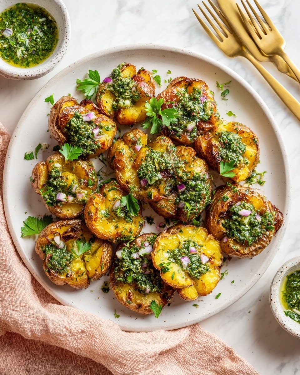 A white plate holds about ten golden brown smashed roasted potatoes, each topped with a bright green herb sauce made of finely chopped herbs and garlic. The potatoes are crispy on the edges with textured skins and soft interiors showing through. The herb sauce has oil and small bits of red onion adding color spots. A few flat parsley leaves are placed on top as garnish. The plate is on a light peach textured cloth, and a set of gold forks and a small white bowl with more green herb sauce are nearby against a white marbled surface. photo taken with an iphone --ar 4:5 --v 7