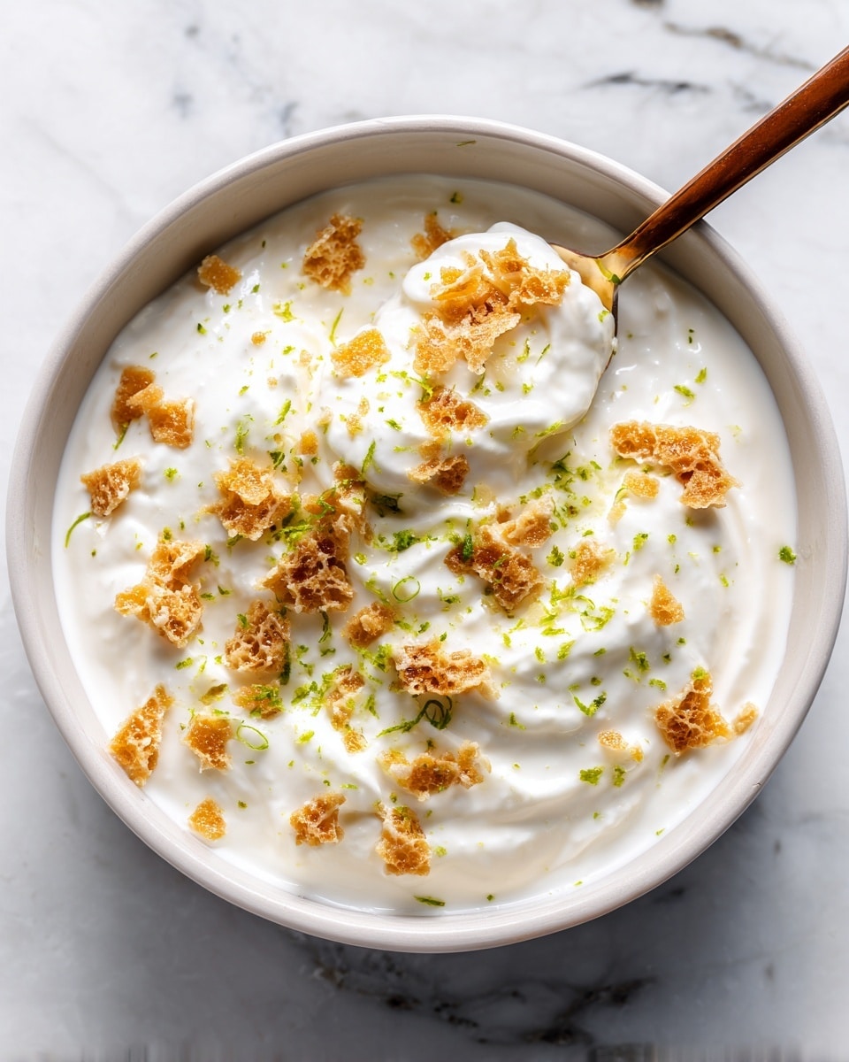 A white bowl filled with creamy white yogurt, topped with small pieces of golden brown honeycomb scattered evenly on the surface. There are tiny green specks, likely lime zest, sprinkled lightly over the yogurt, adding a fresh touch. A spoon with a brown handle is dipped into the yogurt, showing a scoop of the creamy texture. The bowl sits on a white marbled surface. Photo taken with an iphone --ar 4:5 --v 7