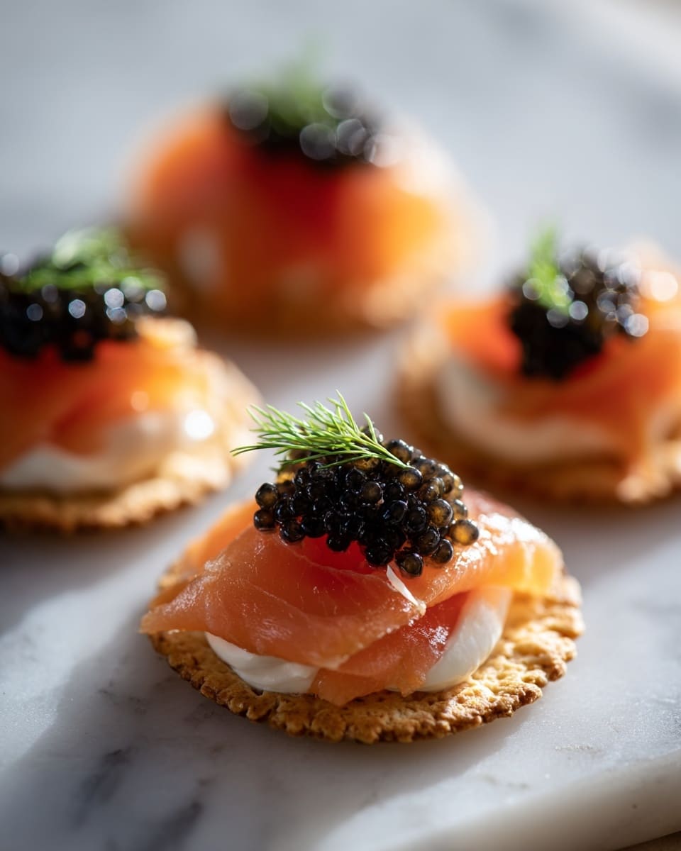 There are four small crackers placed closely together on a white marbled surface. Each cracker has a golden-brown, textured base. On top of the base is a folded pink slice of smoked salmon with a soft, smooth texture. Over the salmon, there is a glossy white dollop of cream or soft cheese, which is topped with shiny, small black caviar beads. A small sprig of fresh green dill is placed on the caviar on each cracker, adding a bright touch of color. The light focuses sharply on the front cracker, making it clear and vivid, while the others fade softly in the background. Photo taken with an iphone --ar 4:5 --v 7