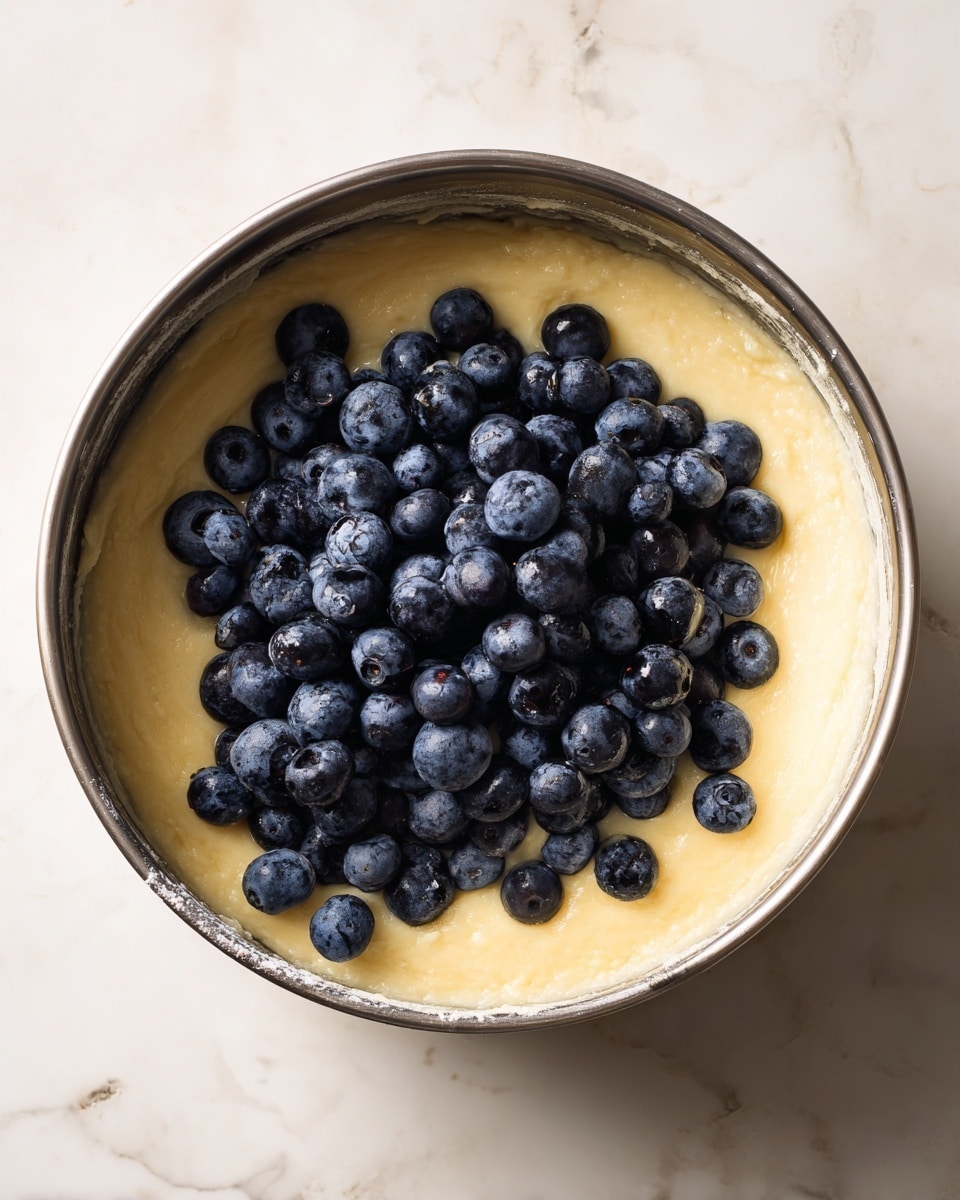 A large metal bowl filled with smooth, light yellow batter covers the bottom and sides, with a pile of fresh, round blueberries resting on top. The blueberries are deep blue with slight hints of purple, creating a strong contrast against the pale batter. The bowl sits on a white marbled surface, with some batter residue visible on the sides. The image is bright and clear, showing the textures of both the batter and the blueberries well. photo taken with an iphone --ar 4:5 --v 7