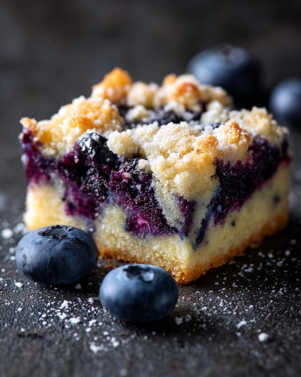The image shows a square piece of blueberry dessert bar with a crumbly, pale golden top layer mixed with dark purple-blue spots where the blueberries are baked inside. The texture looks soft and slightly crumbly, with visible blueberries spread throughout the piece. Around the bar, there are a couple of fresh blueberries placed on a dark textured surface. photo taken with an iphone --ar 4:5 --v 7
