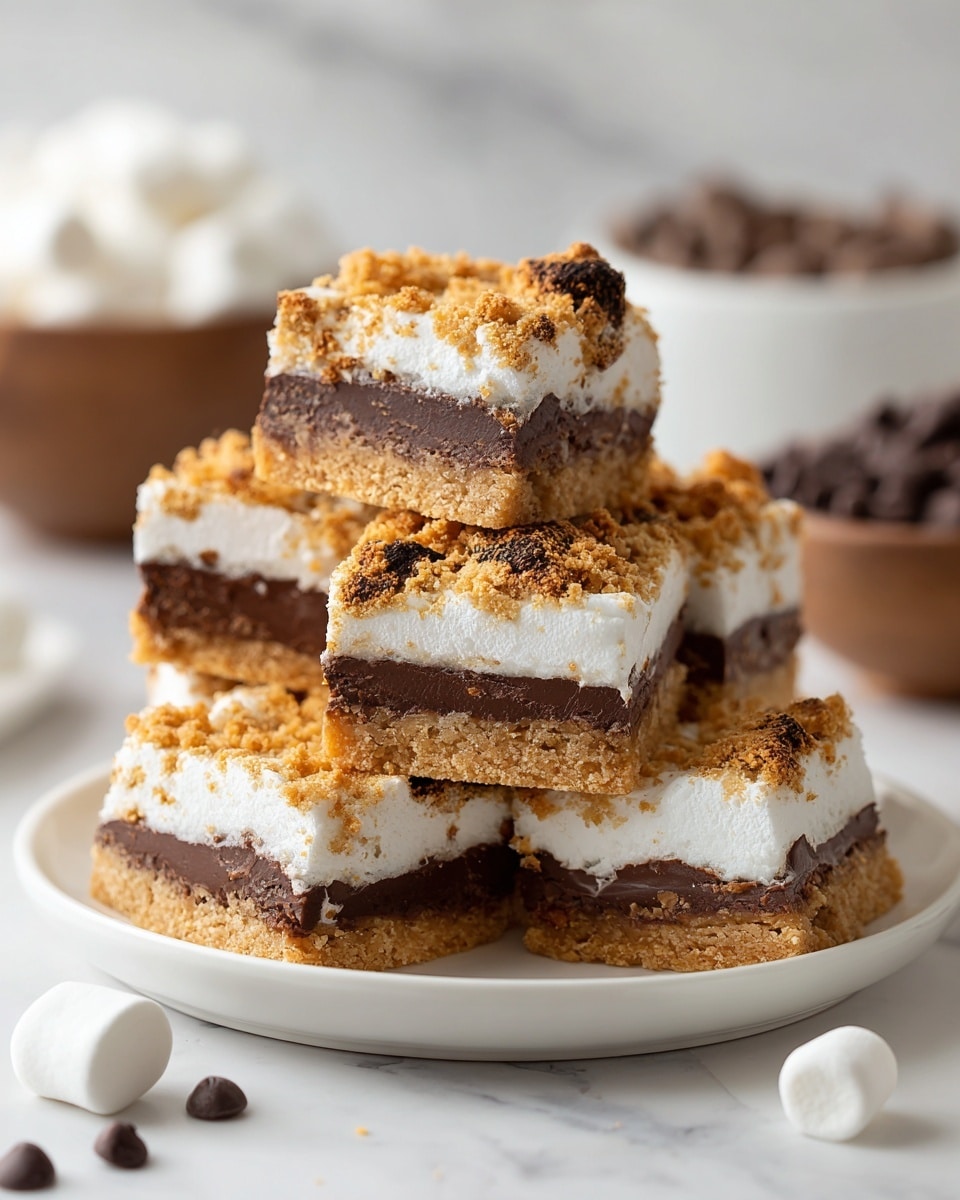 The image shows a white plate with a stack of six square layered s'mores bars. Each bar has four visible layers: a bottom layer of golden, crumbly graham cracker crust, a thick middle layer of melted dark brown chocolate chunks, a white layer of toasted marshmallows with a light golden-brown top, and another crumbly golden graham cracker layer on top. The bars are neatly stacked, with some bars leaning on each other. The background is a white marbled surface with bowls of chocolate chips and marshmallows slightly blurred. Photo taken with an iphone --ar 4:5 --v 7
