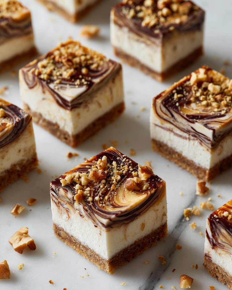 Square pieces of layered dessert are spread on a white marbled surface. Each piece has a thick white base layer topped with swirls of dark brown and light brown sauces forming a marbled pattern. On top, there are crushed nuts and granola scattered unevenly, adding texture and a mix of golden and brown colors. Crumbs and small pieces of nuts are scattered around the slices on the surface, giving a casual and natural look. Photo taken with an iphone --ar 4:5 --v 7