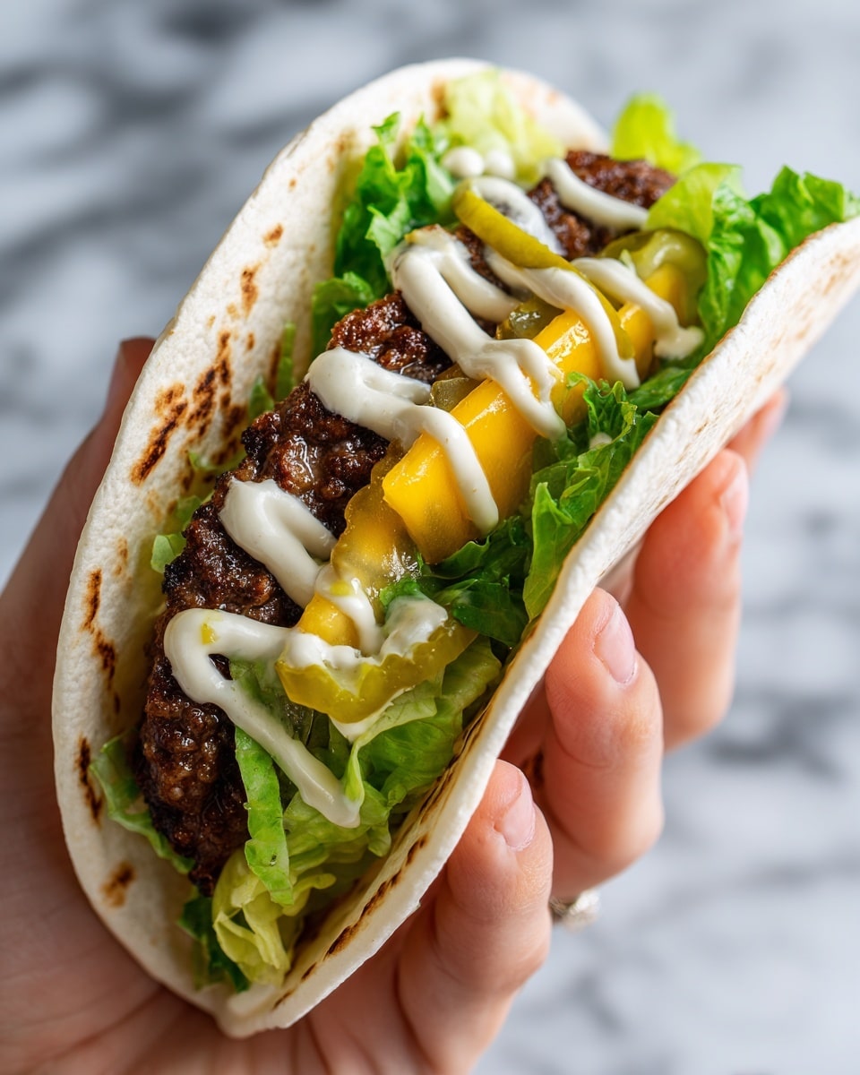 A close-up view of a small soft white tortilla held by a woman's hand, filled with several layers starting from a crispy dark brown grilled meat patty, topped with a slice of bright yellow melted cheese, fresh green lettuce leaves, thin light green pickle slices, and a drizzle of creamy white sauce on top, all against a white marbled surface in the background, photo taken with an iphone --ar 4:5 --v 7