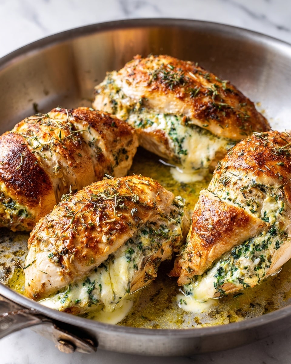 The image shows four golden brown stuffed chicken breasts in a stainless steel pan on a white marbled surface. Each chicken breast is split open and filled with a creamy, green herb and cheese mixture that is rich and smooth in texture, oozing out slightly from the middle. The chicken skin looks crispy with a light sprinkling of herbs on top. The pan has small bits of cooked herbs and cheese melting around the edges. The light shines softly on the shiny pan and juicy chicken, making it look warm and freshly cooked. Photo taken with an iphone --ar 4:5 --v 7