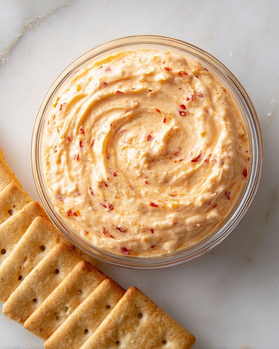 A close-up view shows a clear round glass bowl filled with a thick, creamy dip that is pale orange in color with small red and yellow bits evenly mixed inside, giving it a textured look. The dip fills the bowl almost to the edge, smooth with gentle swirls on the surface. To the left of the bowl, there is a neat row of light beige square crackers with a slightly grainy texture and small dotted holes on top, arranged tightly next to each other. The whole setup is placed on a white marbled surface. photo taken with an iphone --ar 4:5 --v 7