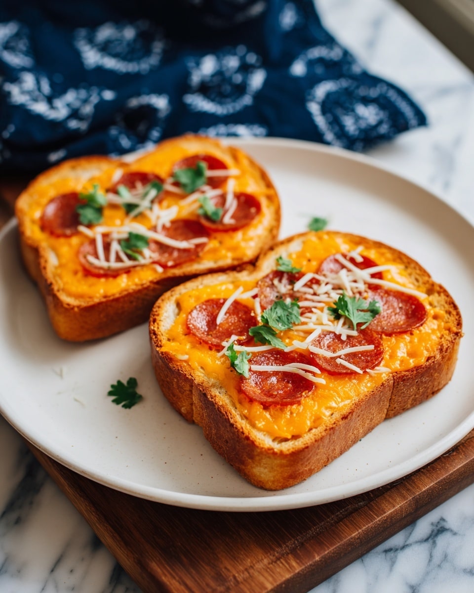 Two slices of toasted golden-brown bread are placed on a white plate with a white marbled surface underneath. Each slice is topped with a thick, even layer of melted bright orange cheese that covers the bread edges slightly. Beneath the cheese, thin round slices of deep red pepperoni are partially visible. The cheese topping is garnished with small green cilantro leaves and finely shredded white cheese scattered on top. The plate is resting on a wooden board, and a dark blue cloth with white patterns is partially visible in the background. photo taken with an iphone --ar 4:5 --v 7