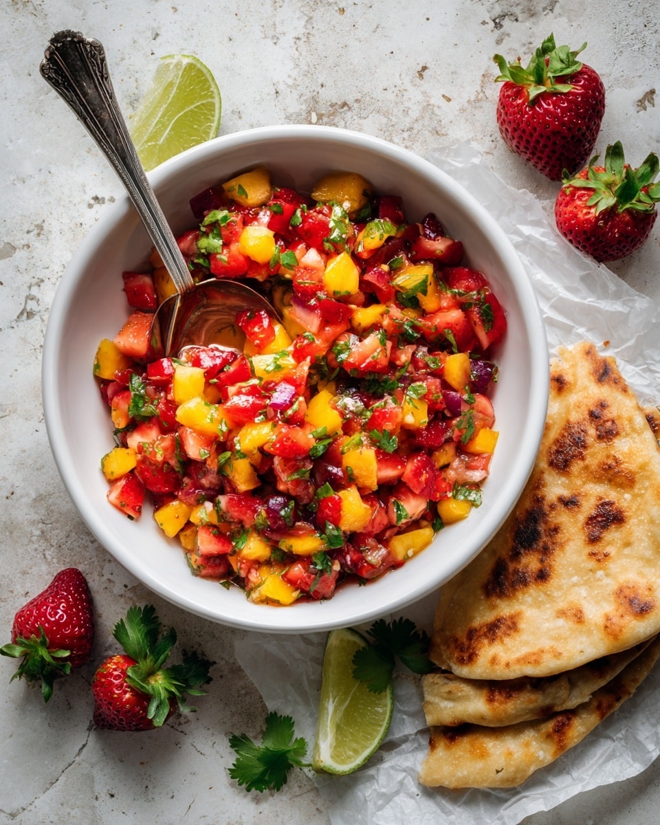 A close-up image shows a white bowl filled with three layers: a base layer of finely chopped red onions with a translucent texture, topped with a bright red layer of diced strawberries that look fresh and juicy, and sprinkled with a white granular powder on one side. A woman's hand is pouring a dark brown liquid from a small white pitcher onto the strawberries. The bowl is placed on a white marbled surface with a blue and white patterned cloth partially visible underneath. Around the bowl, there are two lime wedges and a few green cilantro leaves scattered on the surface, with a wooden board holding a few whole strawberries blurred in the background. Photo taken with an iphone --ar 4:5 --v 7
