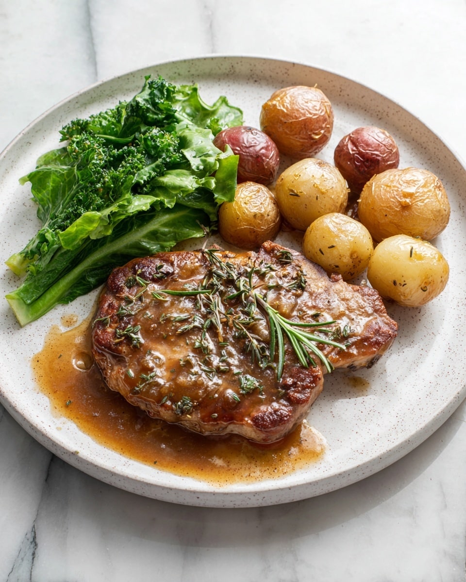 This image shows a white speckled plate with three main parts: a cooked piece of meat covered in a brown herb sauce with visible rosemary and thyme on top, placed at the front and slightly to the right; next to it on the left side are roasted small round potatoes in light and dark brown shades, arranged in a small cluster behind the meat; on the far left side of the plate are fresh green leafy vegetables with a crisp texture, partially blurred. The plate sits on a white marbled surface with subtle grey veins, and there is a small amount of sauce pooled under the meat. Photo taken with an iphone --ar 4:5 --v 7