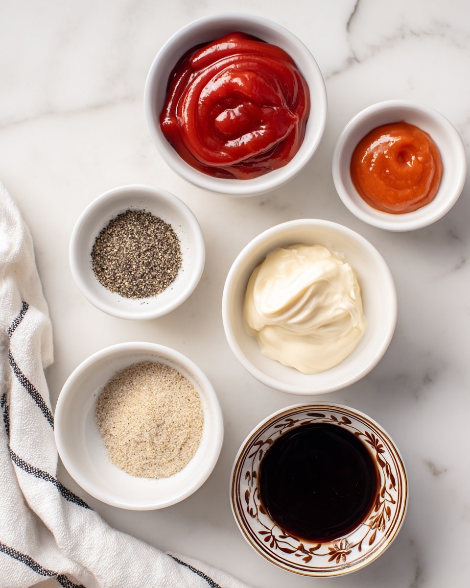 The image shows six small white bowls placed on a white marbled surface. The top left bowl has a thick layer of bright red ketchup, smooth and shiny. The top right bowl contains a small amount of deep orange hot sauce with a glossy texture. The middle left bowl holds two piles of seasoning: coarse black pepper and light beige garlic salt, with a grainy texture. The middle right bowl is filled with creamy white mayo, soft and fluffy in texture. The bottom left corner shows a bit of a white cloth with black stripes. The bottom middle bowl features a dark brown Worcestershire sauce with a glossy liquid surface and a decorative brown floral border around the bowl's rim. Each bowl is clearly labeled with black text indicating the ingredient and quantity. photo taken with an iphone --ar 4:5 --v 7
