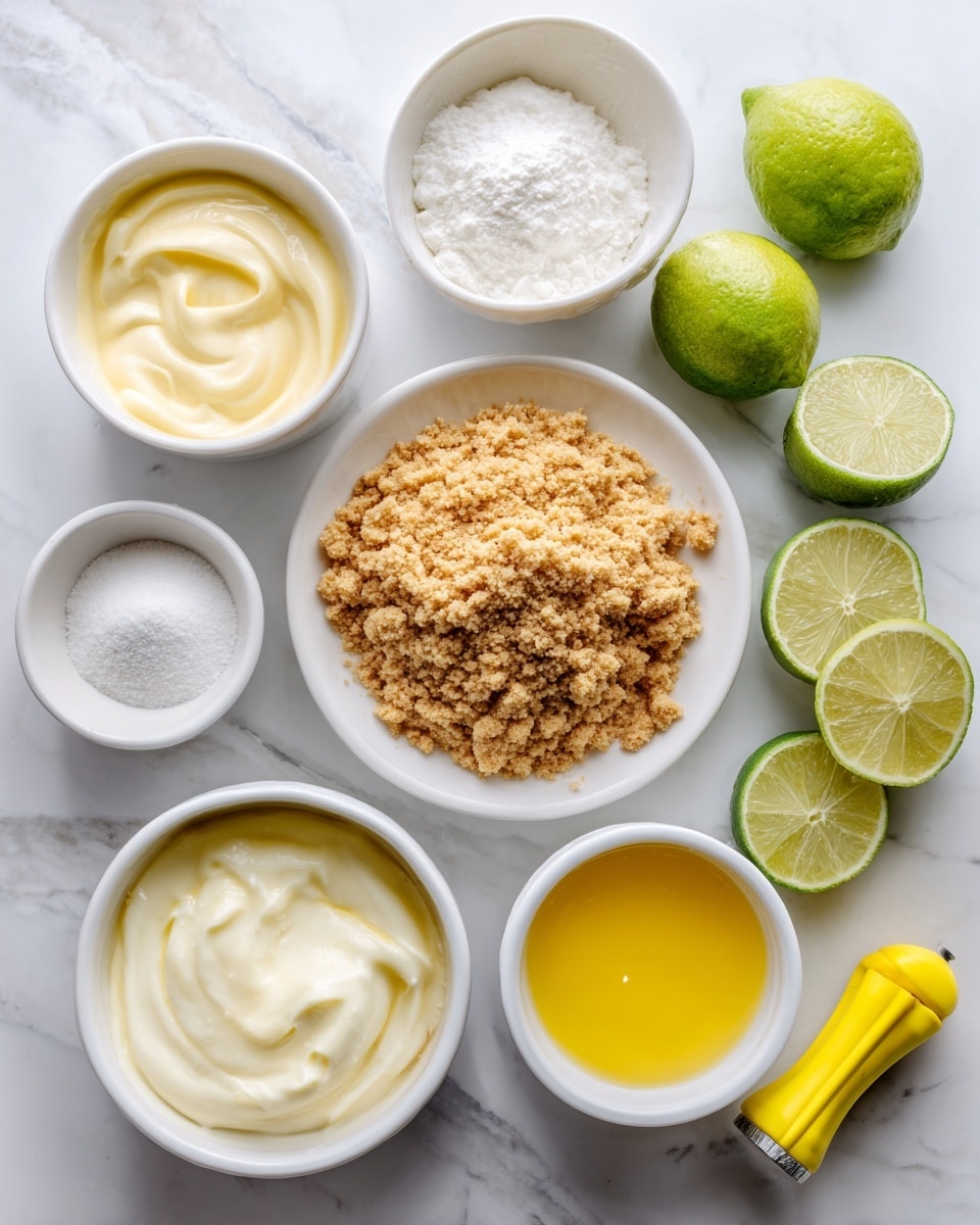 The image shows several white bowls and a white plate on a white marble surface. The white plate holds crushed light brown graham crackers. Surrounding it are white bowls with a pale yellow liquid labeled as egg yolks, another with creamy white sweetened condensed milk, a small mound of white sugar, a pale yellow melted butter in a bowl, and a bowl with bright yellow lime juice. A yellow lime squeezer and halved limes are also placed on the surface. The scene is bright and clean, with all items neatly arranged in a flat lay style. Photo taken with an iphone --ar 4:5 --v 7