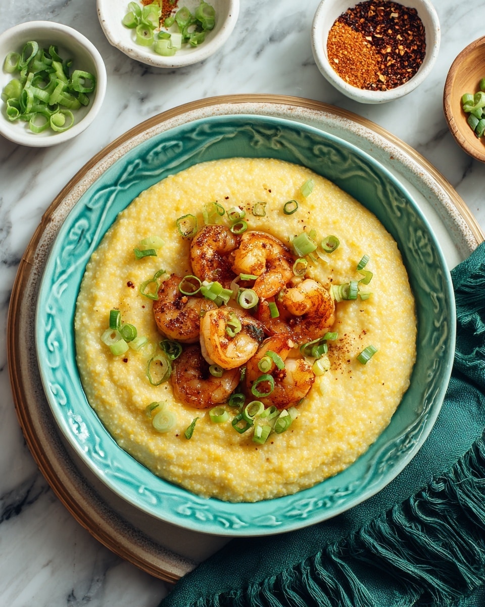 A turquoise bowl sits on a patterned pale plate on a white marbled surface, filled with one thick layer of creamy yellow grits topped with five browned shrimp arranged in a small cluster in the center. Bright green chopped scallions are scattered over the shrimp and grits, adding a fresh pop of color. Nearby are small white bowls, one with green onion slices and another with a mix of red and brown spices. A dark green fringed cloth adds texture to the side. Photo taken with an iphone --ar 4:5 --v 7