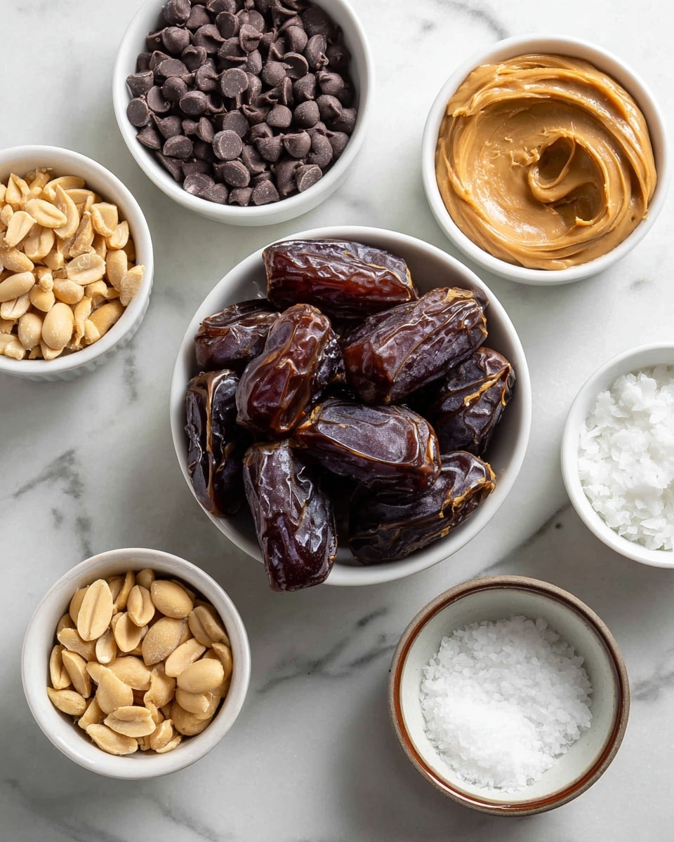 The image shows six small white bowls placed on a white marbled surface arranged in a loose circle. In the center is a bowl filled with dark brown Medjool dates, slightly shiny with wrinkled texture. To the top left, a bowl holds shiny dark chocolate chips, rounded and piled high. To the top right, a bowl is filled with smooth light brown peanut butter. Next to it on the far right, a bowl contains flaky sea salt, white and coarse. At the bottom left, a bowl with chopped light tan peanuts shows small uneven pieces, and at the bottom right, a white bowl with a brown rim holds solid white coconut oil with a slightly soft texture. Each bowl has a white label with black text naming the ingredient photo taken with an iphone --ar 4:5 --v 7