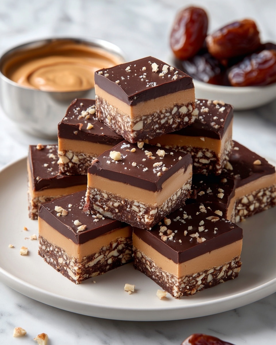 The image shows multiple pieces of layered chocolate bars on a white plate. Each piece has three visible layers: a dark brown bottom layer, a light tan middle layer filled with chopped nuts, and a thick dark chocolate top layer with a slightly shiny, smooth texture. The bars are cut unevenly and stacked in a loose pile. Around the plate, there are whole dates and a small metal bowl with a creamy caramel-colored sauce, all placed on a white marbled surface. Photo taken with an iphone --ar 4:5 --v 7