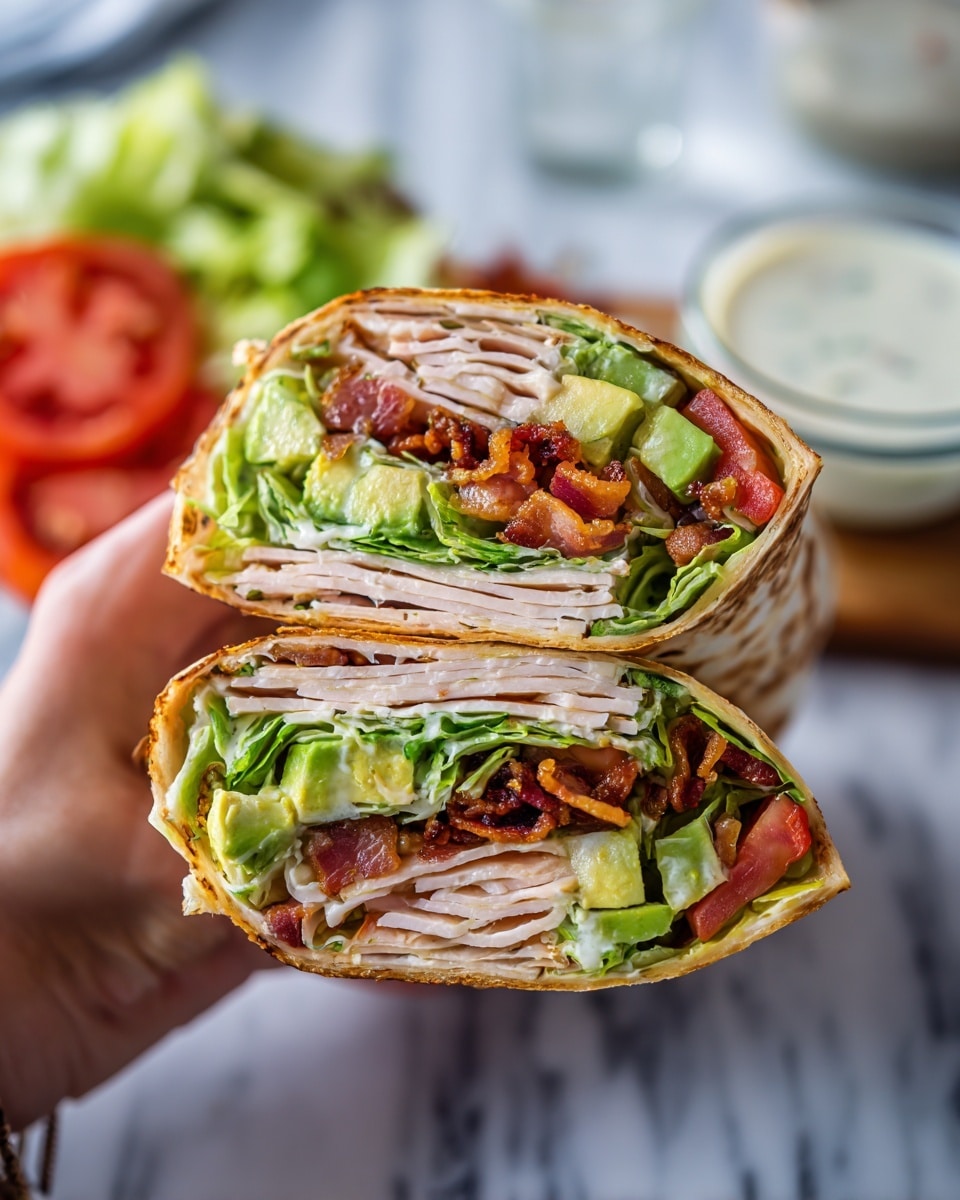 The image shows a close-up of a wrap cut in half and stacked, held by a woman's hand. The wrap has multiple layers starting with a light brown, toasted tortilla on the outside. Inside, there are thin layers of light-colored turkey slices, followed by fresh green lettuce leaves, bright green chunks of avocado, red tomato pieces, and crispy bacon strips with a reddish-brown color. The wrap is held above a white marbled surface; in the background, there is a glass container with white sauce and some blurred tomato slices with green lettuce. Photo taken with an iphone --ar 4:5 --v 7