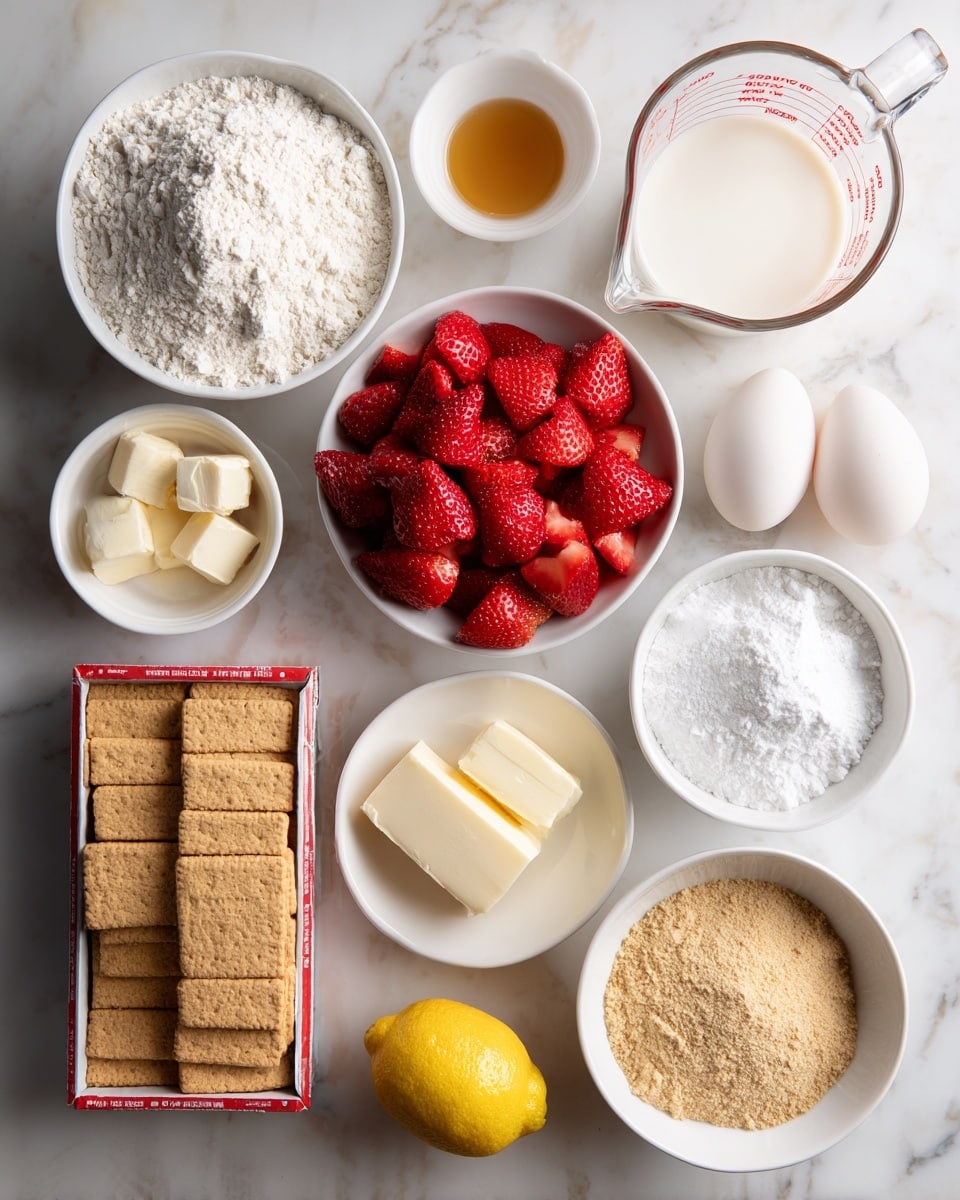 The image shows several white bowls and containers arranged on a white marbled surface, each holding different ingredients. Starting from the top left, there is a white bowl filled with a heap of all-purpose flour, next to it on the right is a clear glass measuring cup partially filled with warm milk showing red measurement marks. Below the flour, there is a white bowl filled with chopped red strawberries. To the right of the strawberries, a small white bowl holds two raw eggs with visible yolks. Next to the eggs on the right, there is another white bowl filled with powdered sugar. Between these bowls lie two sticks of butter wrapped in paper with salted butter labels. Near the bottom left, a small white bowl contains golden vanilla extract. To the right of it is a white bowl with white sugar and light brown yeast inside. Further right, there is another white bowl holding square graham crackers. At the bottom center sits a red and white box of cream cheese, and on the right bottom side is a whole yellow lemon. All items are neatly placed with clear visibility of each ingredient. Photo taken with an iphone --ar 4:5 --v 7