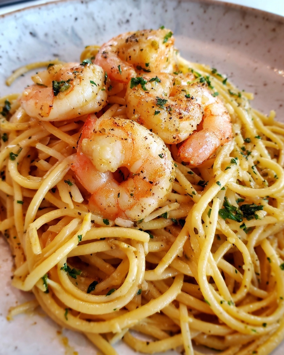 The image shows a close-up of a plate with three light pink shrimp on top of golden brown spaghetti noodles. The noodles are mixed with small green parsley pieces and appear slightly shiny, indicating a light sauce or oil coating. The shrimp are plump with visible texture and small black seasoning spots. The background is a white marbled surface. photo taken with an iphone --ar 4:5 --v 7