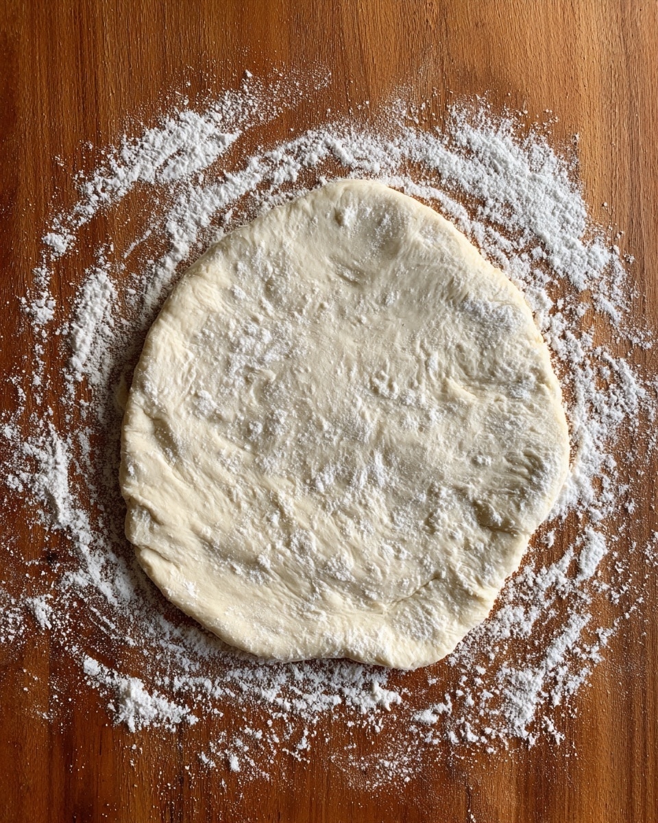 A single layer of light beige dough is spread out flat on a wooden surface sprinkled with white flour. The dough has a soft texture with slight unevenness and rounded edges, indicating it has been freshly rolled out. The wooden surface contrasts with the smooth dough, and some scattered flour surrounds it, enhancing the fresh baking atmosphere. photo taken with an iphone --ar 4:5 --v 7