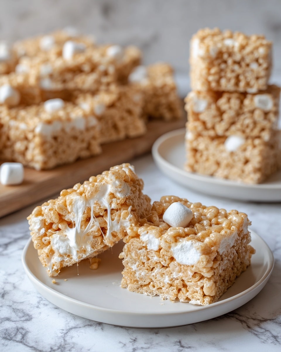 The image shows several light brown crispy rice squares with white marshmallow pieces mixed in. In the foreground on a white plate, there are two squares, with one slightly pulled apart showing stretchy melted marshmallow inside. More squares are visible in the background on a wooden board and another white plate. The surface beneath everything is a white marbled texture. The squares are soft and have a bumpy texture from the rice cereal photo taken with an iphone --ar 4:5 --v 7