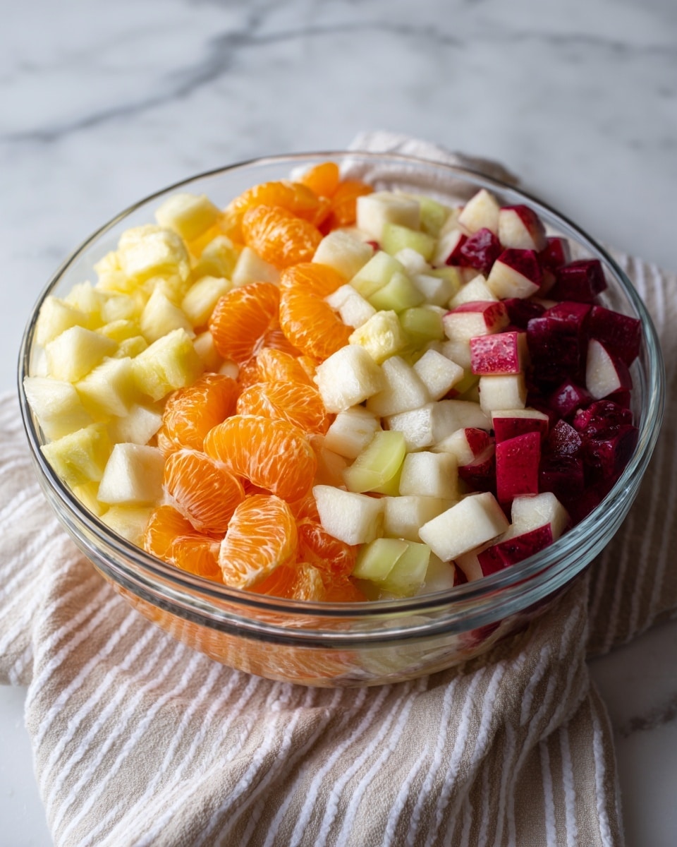 A clear glass bowl filled with a mix of small diced fruits, showing about five layers of fruit pieces. The first layer is made of light yellow chunks with a juicy texture, mixed with white and pale yellow pieces. The next layers have small orange cubes and slices of bright orange segments with a pebbled texture, scattered throughout. There are also parts of white and red fruit with smooth skin, along with small green grape pieces and pale banana slices. The bowl sits on a white marbled surface with a soft striped cloth underneath. photo taken with an iphone --ar 4:5 --v 7
