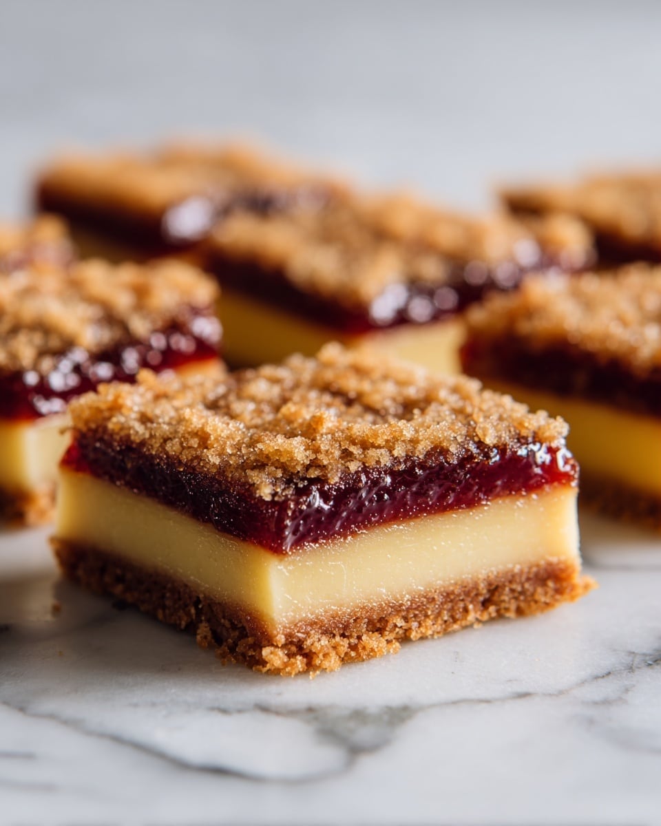 The image shows a close-up of three stacked dessert bars with three clear layers. The bottom layer is thick and pale yellow with a smooth, soft texture. The middle layer is thin and dark red, looking like a jam spread evenly over the yellow base. The top layer is light brown with rough, crumbly texture mixed with small nut pieces scattered throughout. The bars are on a light brown parchment paper, and the background is softly blurred. photo taken with an iphone --ar 4:5 --v 7