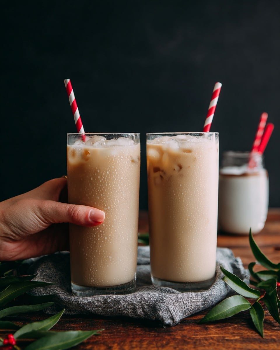 Two tall glasses filled with a creamy beige drink, each glass has a red and white striped straw. Both glasses have visible droplets on the outside, showing they are cold. A woman's hand holds each glass near the base. In the background, there is a white cup with ice and a red straw, slightly out of focus. The setup rests on a wooden surface with green leaves and a gray cloth around the base of the glasses. The background is dark, making the drinks stand out clearly. Photo taken with an iphone --ar 4:5 --v 7