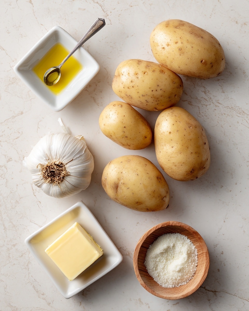 The image shows a white marbled surface with four light brown potatoes arranged in a scattered pattern. At the top left is a small white square dish holding a metal tablespoon with golden oil inside. Near the bottom left is a whole white garlic bulb with a rough brown base. To the bottom right, there is a small white square dish with a neatly placed yellow butter square. On the right side near the potatoes, a wooden bowl holds a white powdery substance that looks like seasoning. The overall arrangement is simple and clean, highlighting the natural textures and colors of each ingredient. photo taken with an iphone --ar 4:5 --v 7