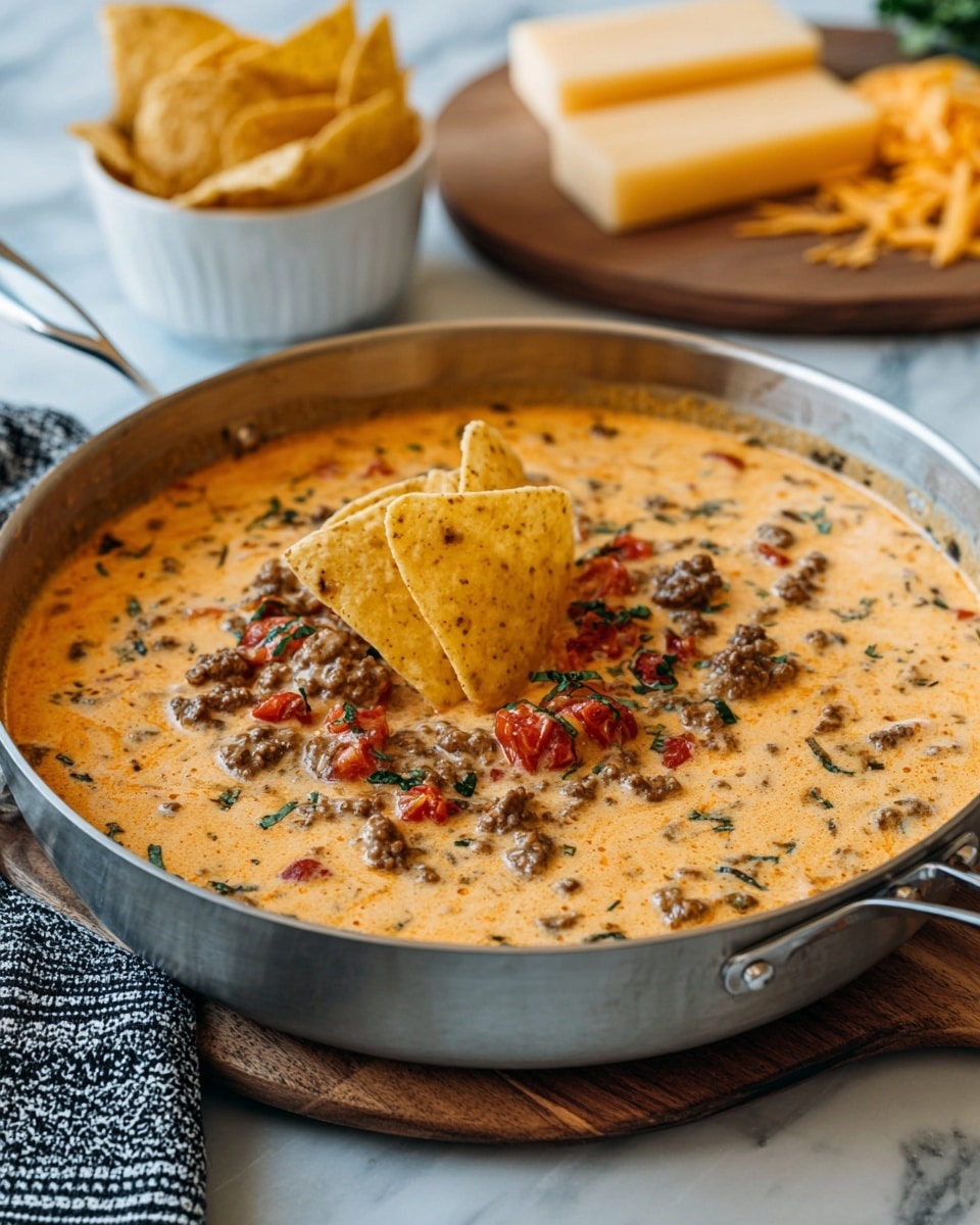 A silver pan fills most of the image, holding creamy, light orange queso mixed with visible bits of browned ground beef and small chunks of red tomatoes throughout. In the center, three crisp, pale yellow tortilla chips stand upright, partially dipped into the queso. Around the pan, a white marbled surface shows a white bowl with more tortilla chips slightly blurred in the background, and a wooden cutting board with cheese slices peeking in on the left. A folded black and white napkin lies beside the pan. The photo taken with an iphone --ar 4:5 --v 7