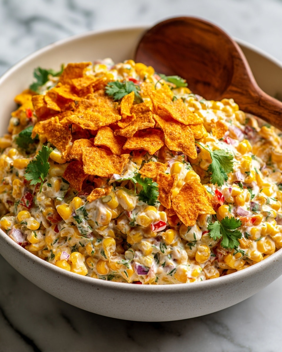 A close-up view of a creamy corn salad served in a large white bowl, showing multiple layers including bright yellow corn kernels, light cream mixed with green herbs and small pieces of red bell pepper, topped with crunchy orange corn chips scattered on the surface and fresh green cilantro leaves for garnish, all presented on a white marbled background with a wooden spoon resting inside the bowl. Photo taken with an iphone --ar 4:5 --v 7