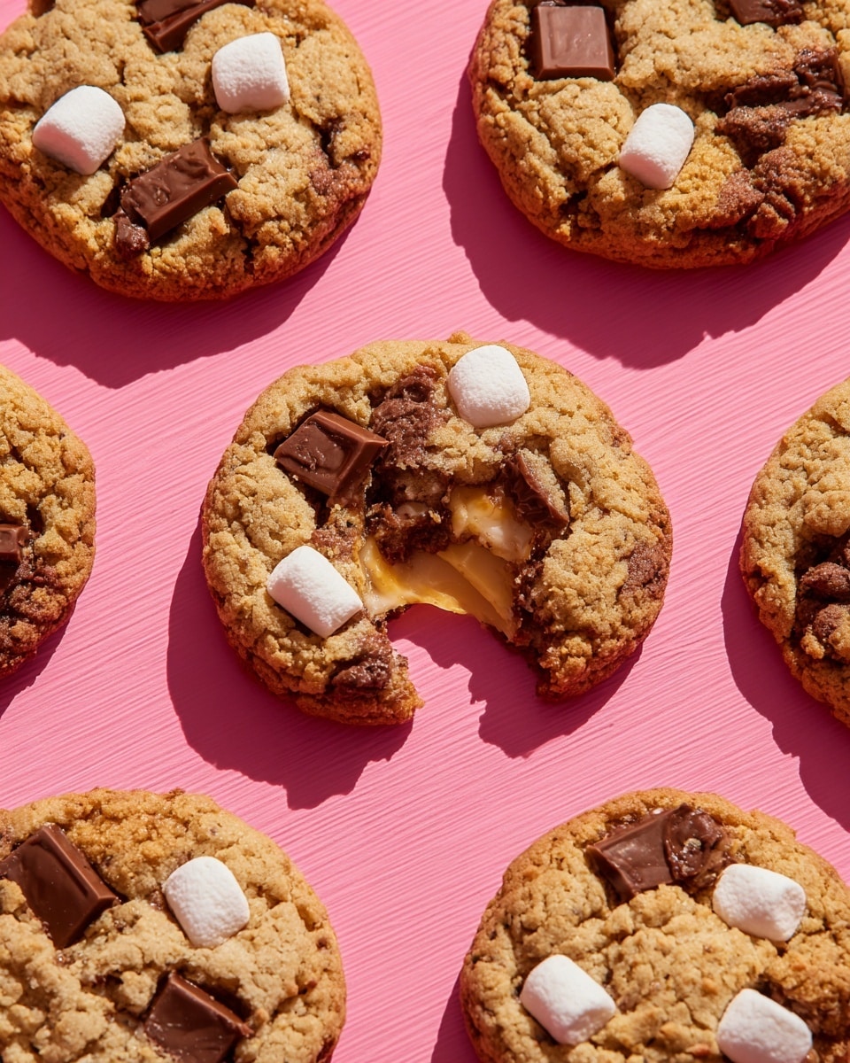 The image shows nine round cookies arranged on a bright pink textured surface, but for prompt use, imagine the surface as white marbled texture. Each cookie has a golden brown color with a soft, slightly bumpy texture dotted with toasted small marshmallows and rectangular pieces of milk chocolate embedded on the top. One cookie in the center of the image is broken in half, revealing stretchy white melted marshmallow inside. The cookies have a crispy outside and soft inside look, with the toasted marshmallows adding a slightly uneven, puffy layer on top. The light casts soft shadows, enhancing the warmth and texture of the cookies. photo taken with an iphone --ar 4:5 --v 7
