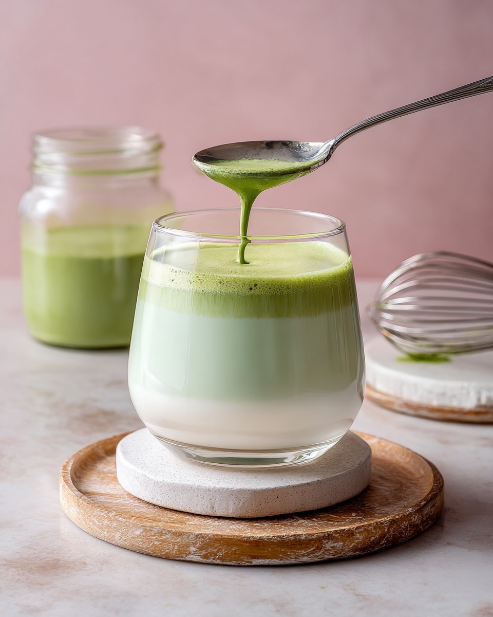 A clear glass holds a two-layer drink with a thick, creamy light green foam on top, smoothly falling from a silver spoon above, and a white liquid layer underneath that fills most of the glass; the glass is set on two white stone coasters placed on a round wooden tray with a subtle natural texture; in the background, it shows another glass jar with green content and a stainless steel whisk on a white marbled surface, all against a soft pink backdrop; photo taken with an iphone --ar 4:5 --v 7