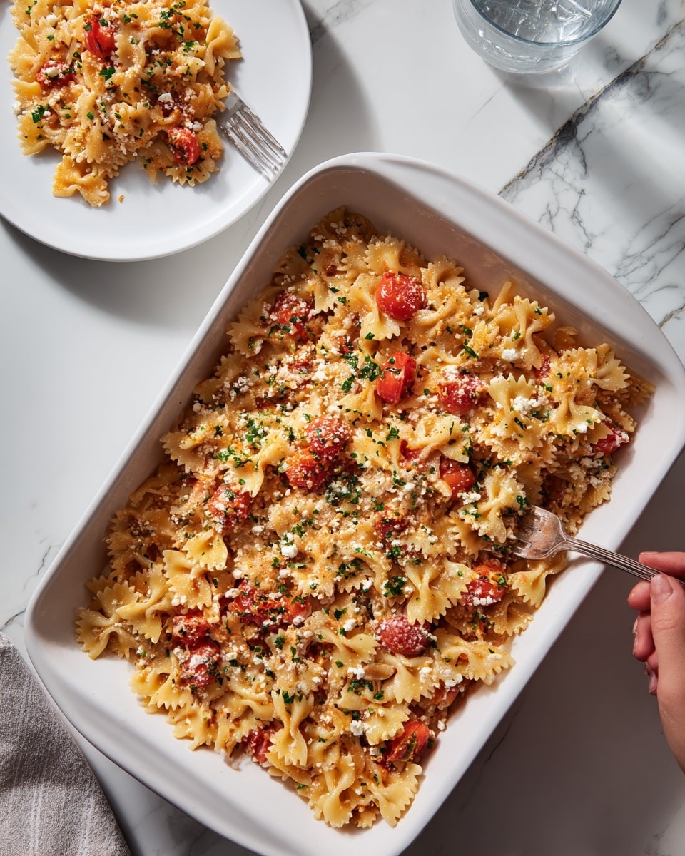 The image shows a large white rectangular dish filled with farfalle pasta mixed evenly with small pieces of tomato and crumbled cheese, creating a textured look with orange, red, and creamy white colors spread throughout. The pasta layer fills the dish almost to the top, showing some shine and a soft texture. In the background, there is a white plate on a white marbled surface with a small serving of the same pasta. A woman's hand is holding a forkful of pasta over the plate. Another empty white round plate with a fork rests on the white marbled surface nearby. photo taken with an iphone --ar 4:5 --v 7