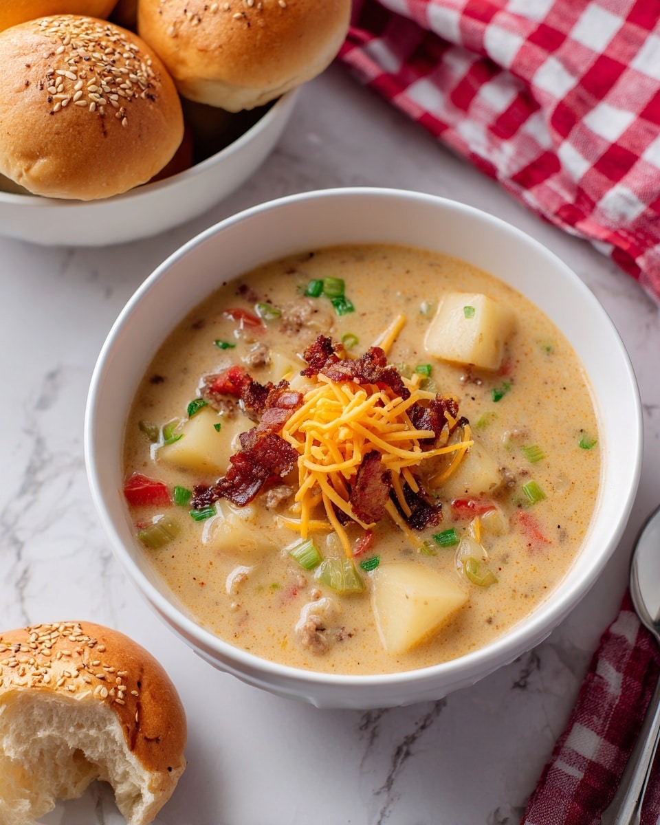 A white bowl filled with creamy soup showing chunks of white potatoes, small pieces of red tomatoes, light green celery, and bits of browned meat in a light tan broth. The soup is topped with a small pile of shredded orange cheddar cheese and dark brown crispy bacon bits in the center. To the left, there is a white bowl with round sesame seed sandwich buns, and in the bottom left corner, one bun is partly torn. The whole scene is set on a surface with white marbled texture, and a red and white checkered cloth is visible in the top right corner. Photo taken with an iphone --ar 4:5 --v 7