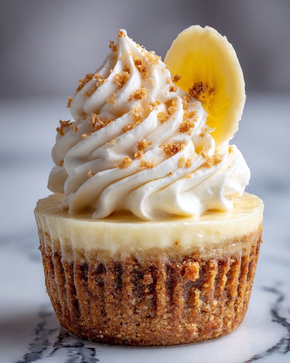 A close-up image of a small cupcake with three visible layers: the bottom layer is a light brown, crumbly cookie base; the middle layer is a thick, creamy pale yellow filling; on top is a swirl of white whipped cream with a smooth texture and small brown crumb sprinkles. A single thin, translucent yellow banana chip is placed standing upright in the center of the whipped cream. The cupcake sits on a dark surface with a white marbled background. photo taken with an iphone --ar 4:5 --v 7