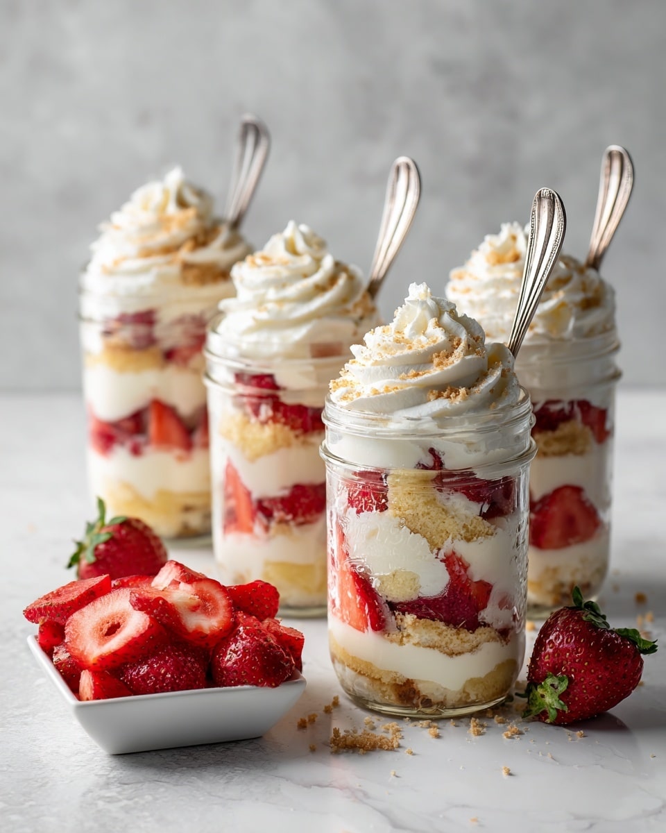 Four clear glass jars are filled with layered strawberry shortcake. Each jar has five layers starting from the bottom: light yellow cake pieces, red sliced strawberries, creamy white custard, crumbly cake crumbs, and more sliced strawberries. On top of each jar is a swirl of white whipped cream. Two silver spoons are placed inside two jars. In front of the jars is a white square bowl full of sliced strawberries. All items sit on a white marbled surface with a soft light gray background. Photo taken with an iphone --ar 4:5 --v 7